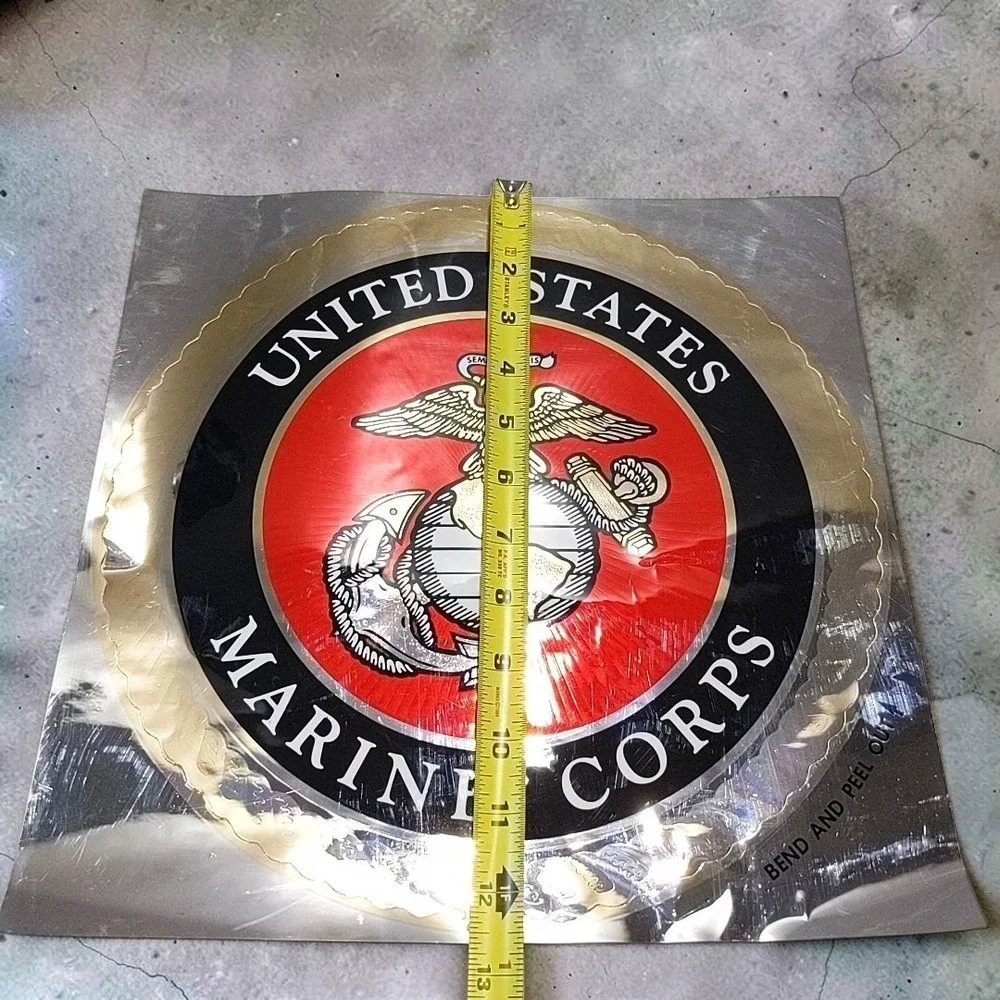 VTG USMC US Marine Corps Emblem Foil Sticker Decal 12 Inch Round Metallic 1980s